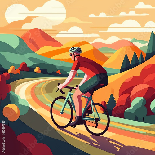 Cycling: A cyclist pedals through picturesque landscapes, embodying the freedom and joy of summer sports in a vibrant, geometric illustration. Generative AI.
