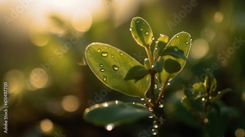 macro of young plant with drops of water in sunlight, illustration, Generative AI