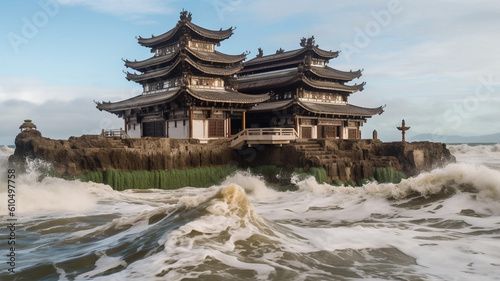 A buddhist temple melting into an ocean hd wallpaper © Yasir