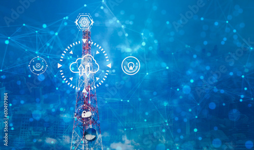 Billede på lærred blurred background smart city,Futuristic computing storage system concept,network,business cloud icon connect to IOT data base station and operations,use artificial intelligence or AI system