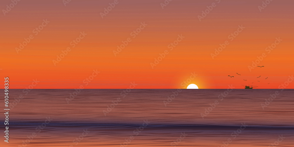 Seascape sunset with silhouette fishing boat followed by seagulls at skyline vector illustration have blank space. Ocean with dramatic sky background. Seascape sunset with silhouette fishing boat followed by seagulls at skyline vector illustration have blank space. Ocean with dramatic sky background.