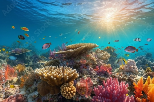 Underwater View with Various Types of Fish Corals Reef and Diversity of Marine Life © heartiny