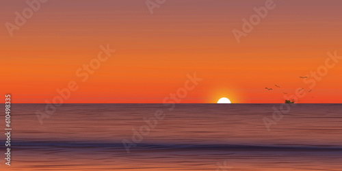 Seascape sunset with silhouette fishing boat followed by seagulls at skyline vector illustration have blank space. Ocean with dramatic sky background. © Wasitt