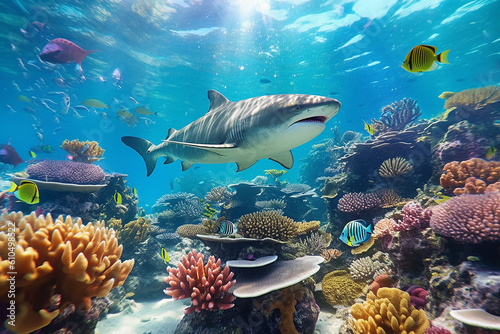 Beautiful Underwater View with Shark Swims Between the Colorful Coral Reef Abundant Marine Life