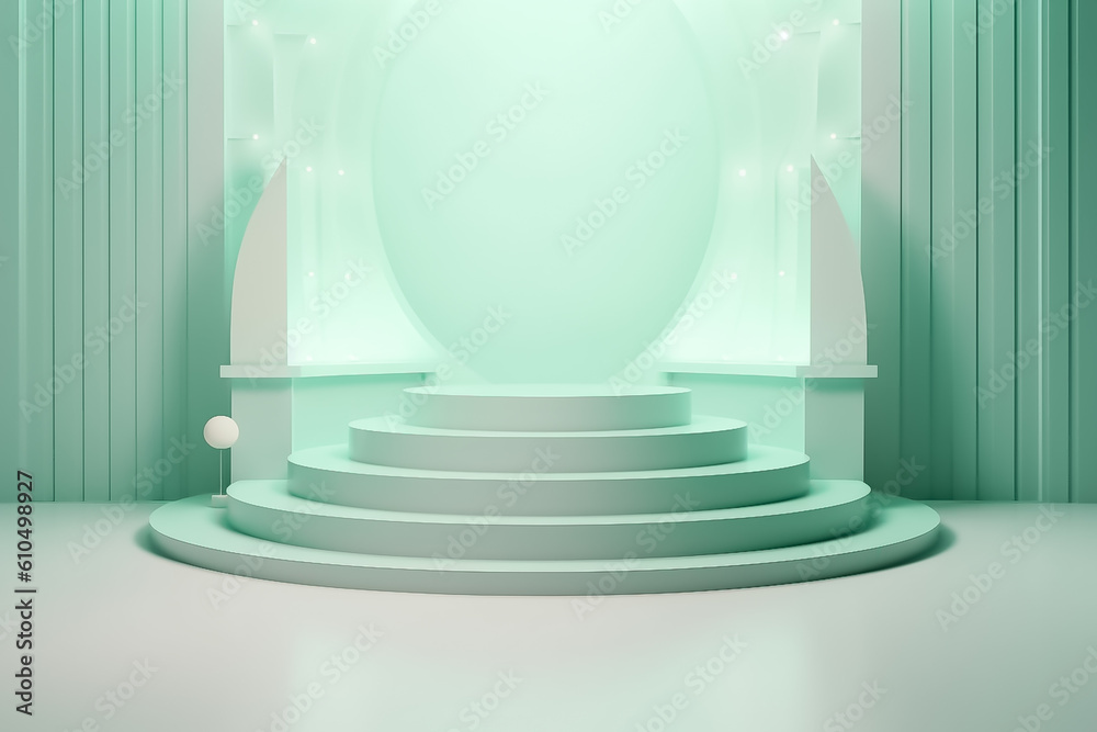 Obraz premium Pastel Green Display mock up 3D luxury stage with LED light and simple shape decoration around it. generative AI