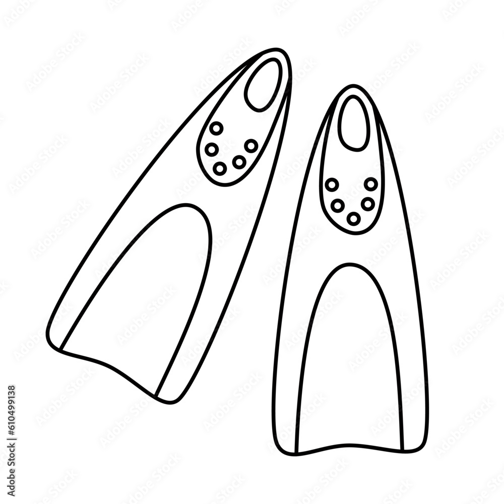 Pair of swimming Flippers sea diving equipment outline black and white doodle drawing Pair of swimming Flippers sea diving equipment outline black and white doodle drawing