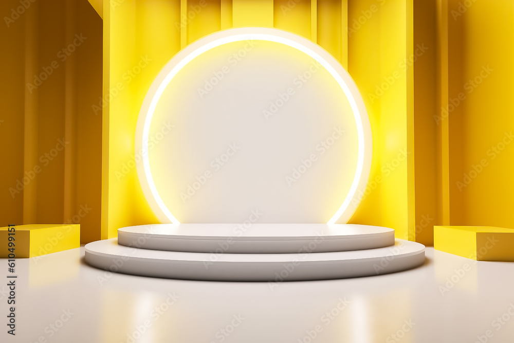 Yellow and White combination color Display mock up 3D luxury stage with LED light and simple shape decoration around it. generative AI Yellow and White combination color Display mock up 3D luxury stage with LED light and simple shape decoration around it. generative AI