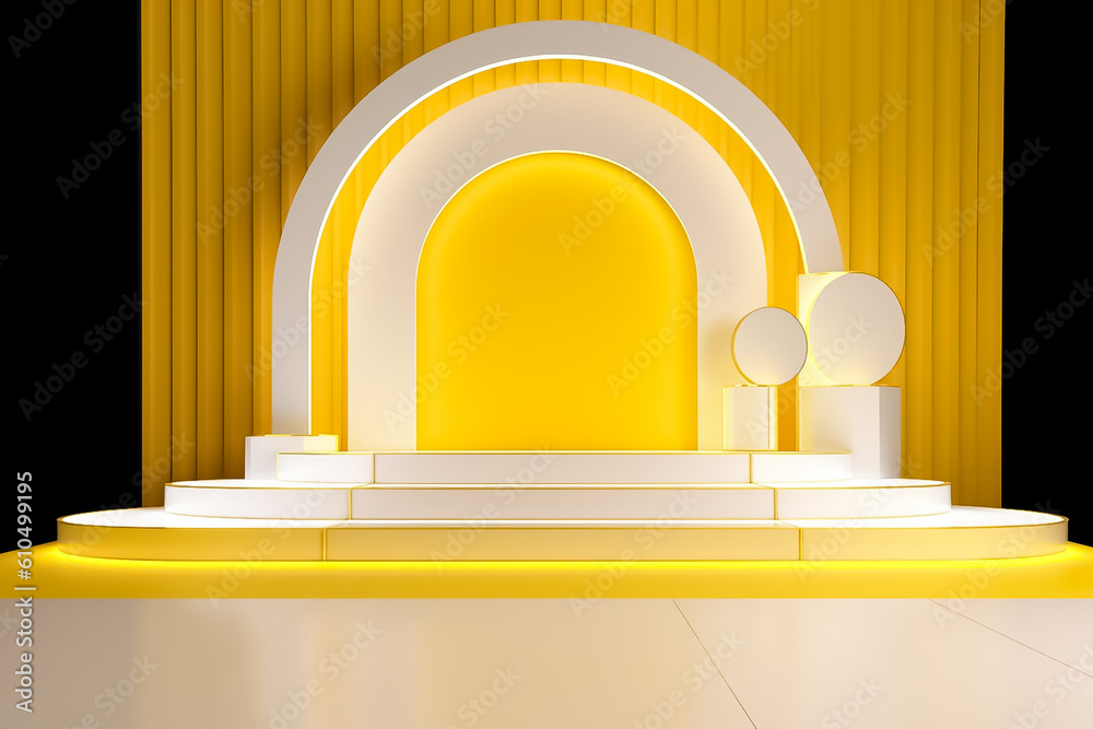 Yellow and White combination color Display mock up 3D luxury stage with LED light and simple shape decoration around it. generative AI