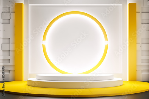 Yellow and White combination color Display mock up 3D luxury stage with LED light and simple shape decoration around it. generative AI photo