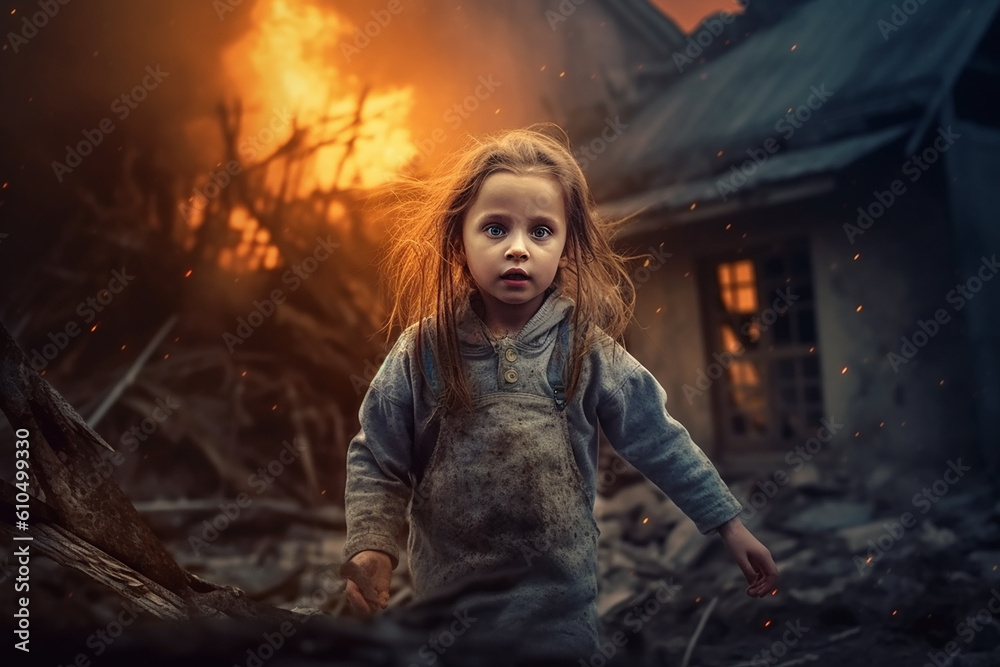 Frightened child against the background of a destroyed house. Generative AI Frightened child against the background of a destroyed house. Generative AI