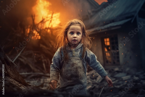 Frightened child against the background of a destroyed house. Generative AI
