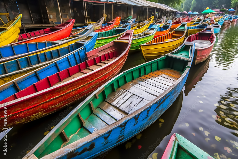 Illustration of colorful fishing boats in a tropical Asian village, AI-Generated image.	