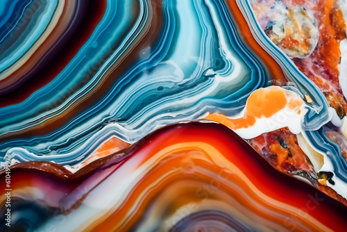 Close up view of colorful Agate crystal slice, Generative AI image.