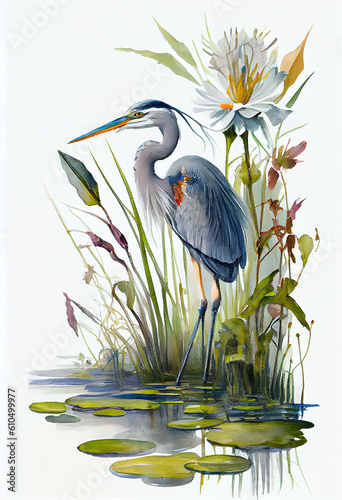 Water color art of Great blue heron with wildflowers, Humanly enhanced AI Generated image.	