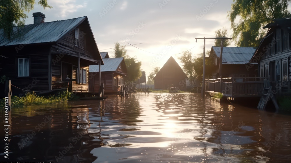 high water in the village.Flooding of houses and villages. Generative AI