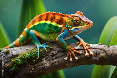 close-up of colorful Chameleons on a twig with a blurred background