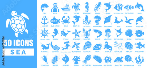 50 Sea icon element collection in flat design style
