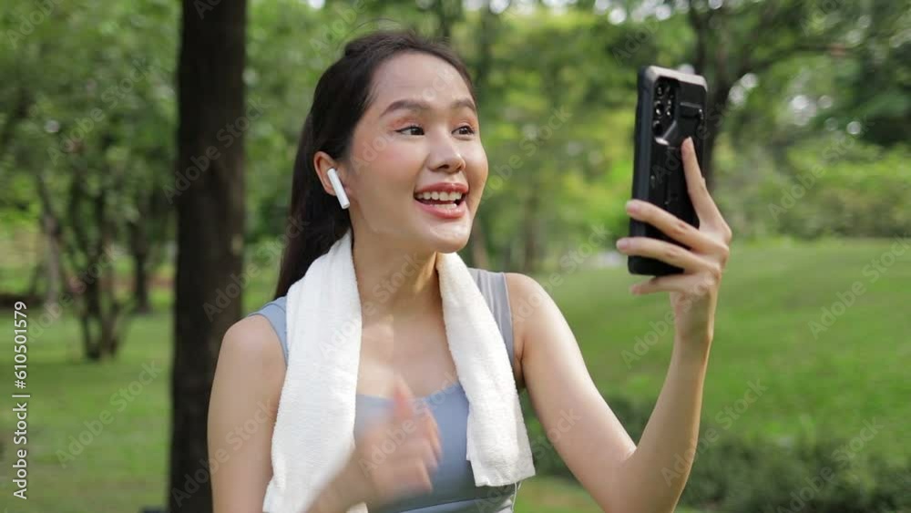 Beautiful Asian woman exercising outdoors in the park. She holds a smartphone online talking with friends. Sport concept, health care Beautiful Asian woman exercising outdoors in the park. She holds a smartphone online talking with friends. Sport concept, health care