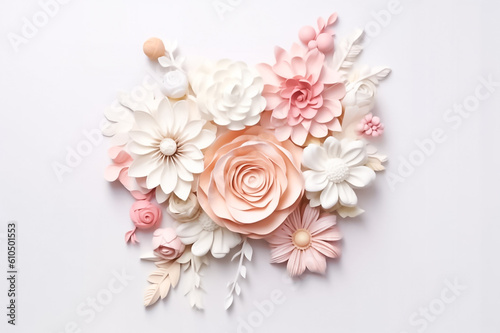Pop up 3D mockup featuring delicate white flowers and leaves gracefully emerging against a clean white background. generative AI.