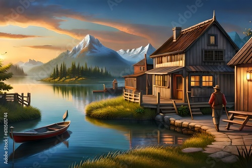 Digital art of a wooden house on one side of a river with snow covered mountain in the background.. © saurav005