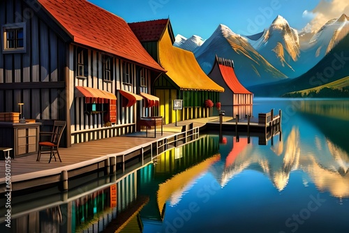 Wooden cottages on one side of a river with snow covered mountain in the background.