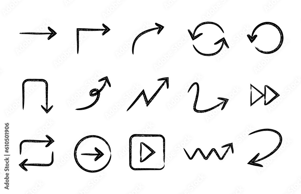 Set of hand drawn arrows icon isolated on white background. Collection of different arrow sign. Vector illustration Set of hand drawn arrows icon isolated on white background. Collection of different arrow sign. Vector illustration