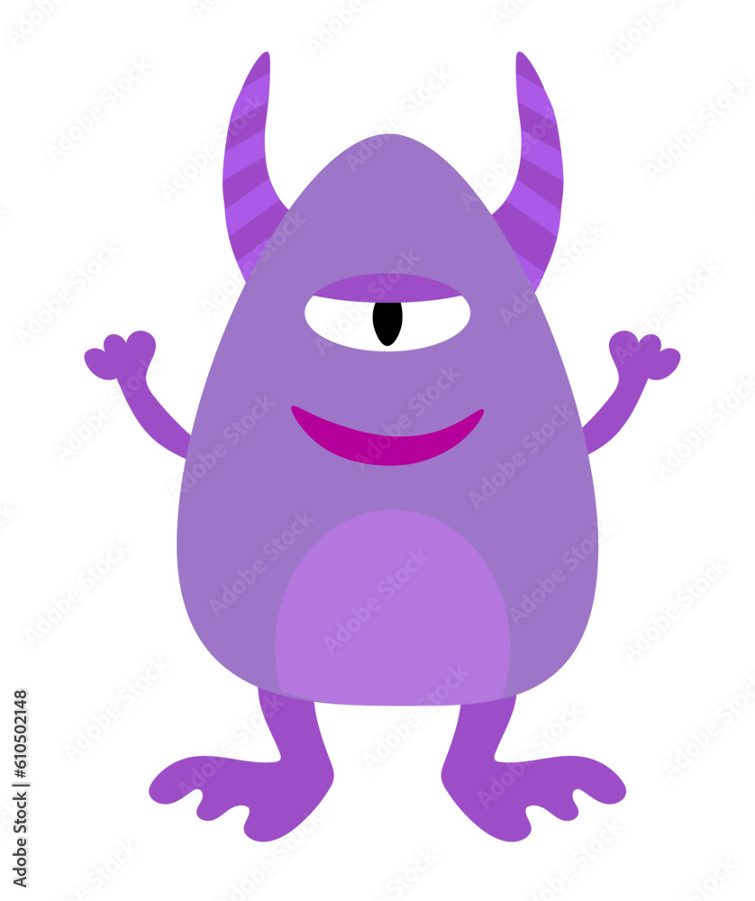 Cartoon purple monster horny. Kids character design for poster, baby products logo and packaging. Vector flat illustration.