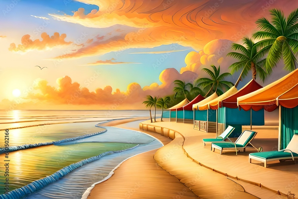 Sunset on a tropical sunny beach with palm trees and sunbeds, created with generative AI.