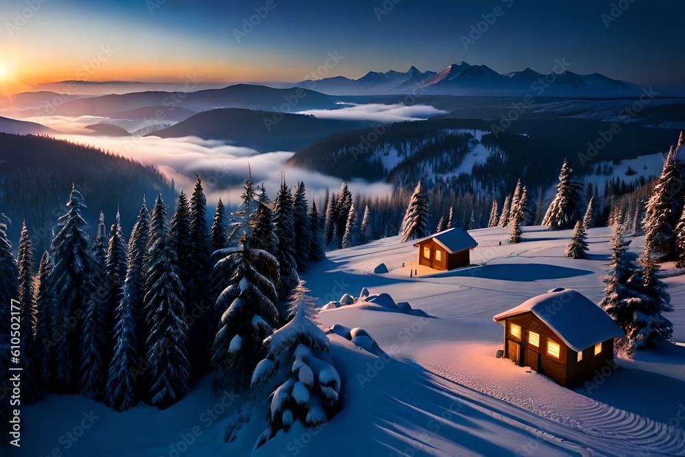 High angle view of sunrise in the mountains with wooden cottages covered with snow.