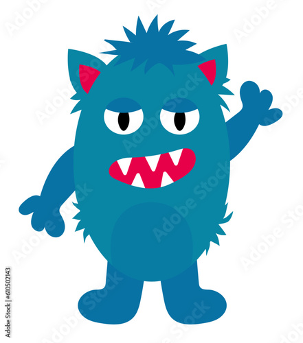 Cartoon blue furry monster. Kids character design for poster, baby products logo and packaging. Vector flat illustration.
