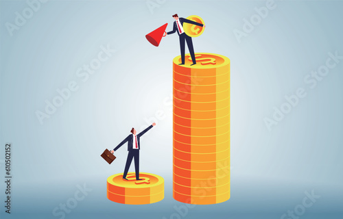 Incentive, inspiration, brainwashing, motivating employees to achieve greater goals, trying to accomplish achievements to get rewards, the manager standing at the top of the pile of gold coins with a 
