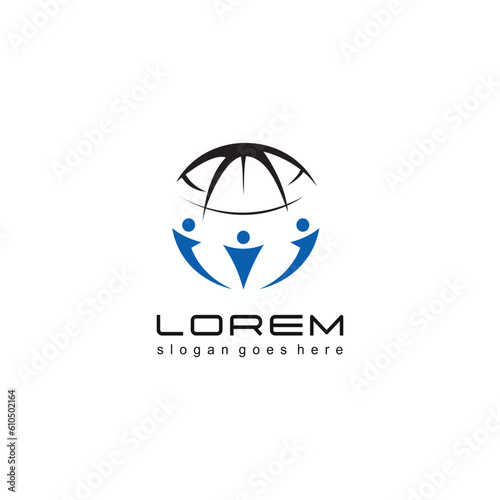 earth logo concept and three people. illustration of preserving nature or social activity. 