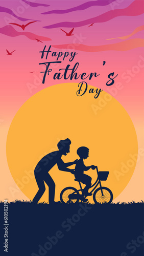  Greeting card with lettering happy father day social media stories vector illustration flat design. Dad and child in nature at sunset. 