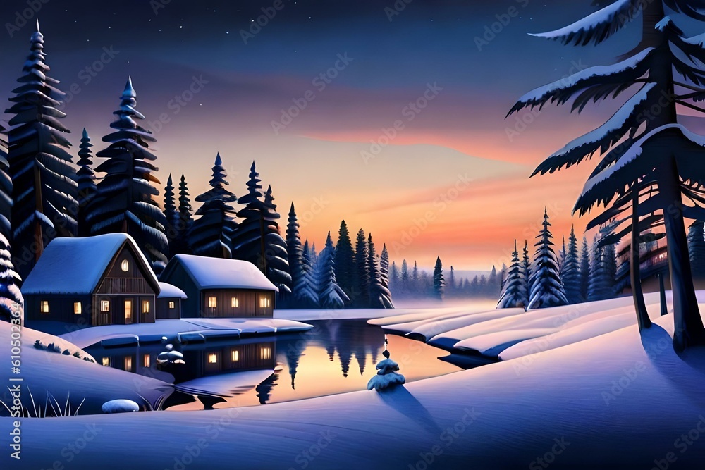Winter landscape with small wooden houses covered in snow.
