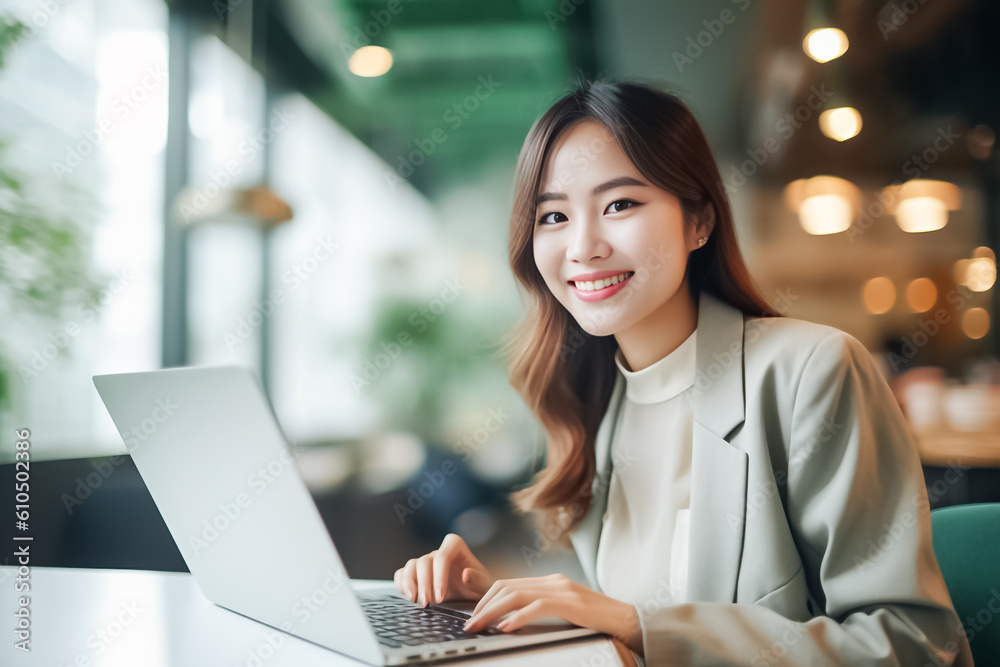 Happy Asian girl in formal office attire working joyfully on her laptop in a modern and cozy office setting. generative AI.