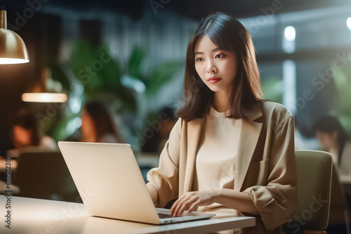 Happy Asian girl in formal office attire working joyfully on her laptop in a modern and cozy office setting. generative AI.