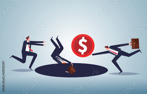 Induced consumption or financial scams, investment risks or business fraud, greed makes people lose their thinking, merchants holding gold coins over caves to lure others to fall into them