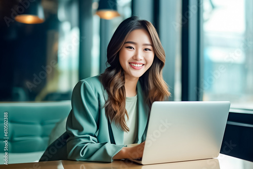 Happy Asian girl in formal office attire working joyfully on her laptop in a modern and cozy office setting. generative AI.