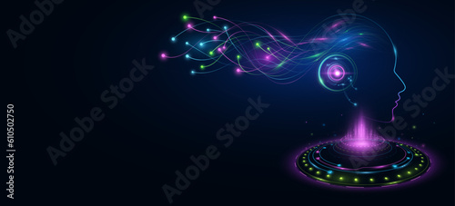 Futuristic holographic cyborg with digital isometric HUD circle. Artificial intelligence analyzes data information with neural network. AI hi-tech concept. Vector illustration.
