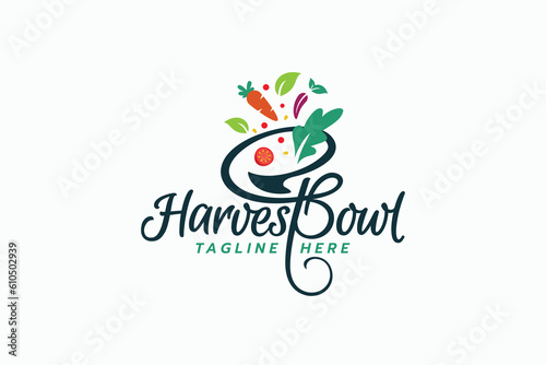 harvest bowl logo with a combination of beautiful lettering, a bowl, and vegetables.