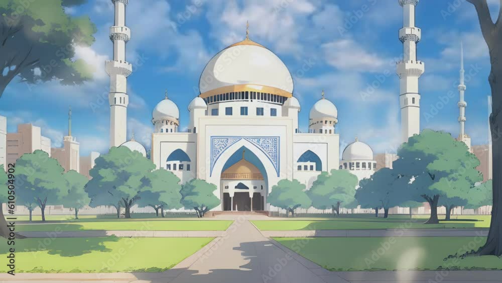 Islamic animation of beautiful mosque building and beautiful trees background in Japanese anime watercolor painting illustration style. seamless looping video animated background.