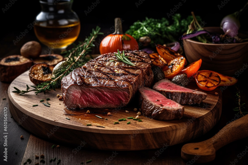 steak with vegetables, wine, butter and garlic steak with vegetables, wine, butter and garlic