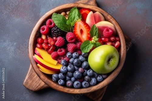 fruits bowl with apples  strawberries  blueberries and raspberries
