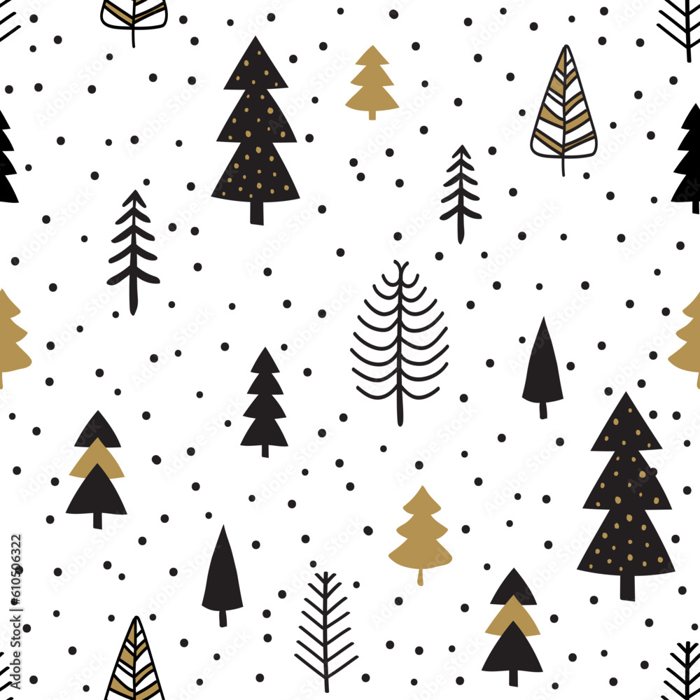 Beautiful seamless repeat pattern with black and gold Christmas trees on white background. Festive Christmas wallpaper, wrapping paper, print for fabric and wall. Beautiful seamless repeat pattern with black and gold Christmas trees on white background. Festive Christmas wallpaper, wrapping paper, print for fabric and wall.