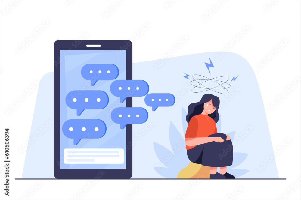 Sad woman sitting and crying side mobile phone on screen surrounded haters messages bubbles Sad woman sitting and crying side mobile phone on screen surrounded haters messages bubbles