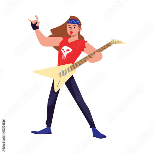 Vector colorfull Illustration of Rock band artist in a red shirt with a skull with long hair playing guitar on stage, isolated on white background