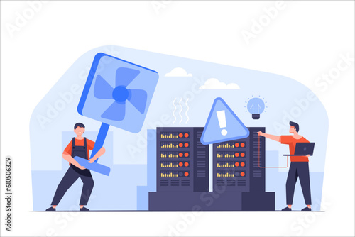 System critical failure alert system message. Data center view of server room with workers