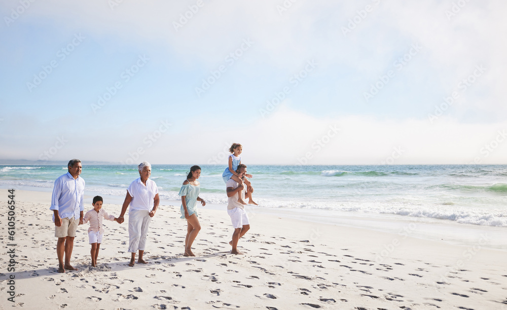 Big family, grandparents walking or children on beach with young siblings holding hands on holiday together. Dad, mom or kids love bonding, smiling or relaxing with senior grandmother or grandfather