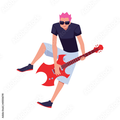 Playing guitarist with pink hair flat style, vector illustration