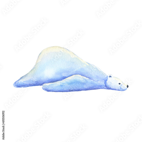 Funny polar bear is lying. Watercolor hand drawn illustration isolated on white. North animal.